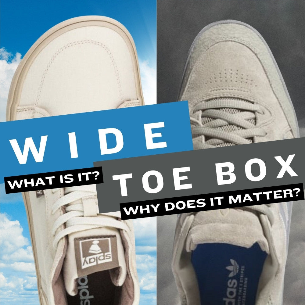 Comparison of narrow vs wide toe box shoes with text "Wide Toe Box: What is it? Why does it matter?" emphasizing foot comfort and health.