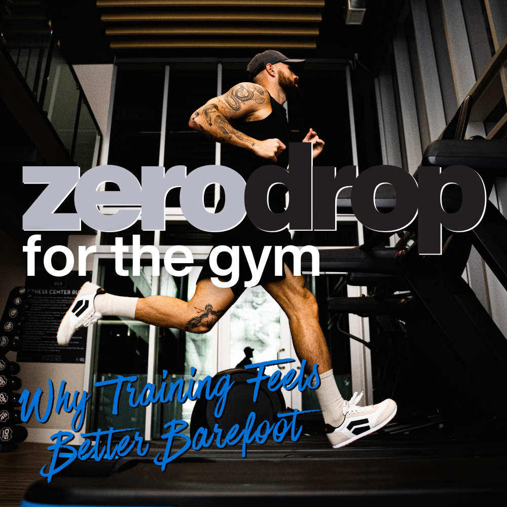 A man in a gym running on a treadmill in a pair of Splay RUNNER V1 barefoot running shoes