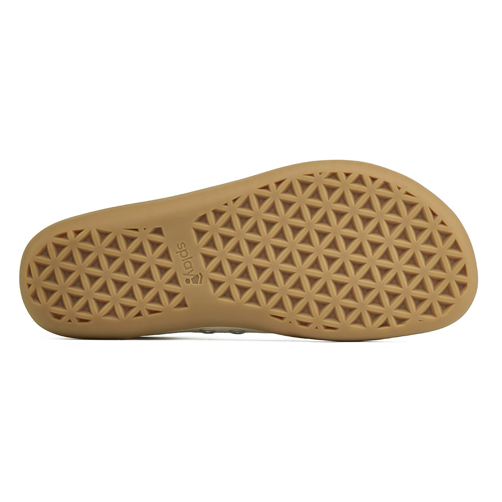 Picture of the bottom of the brown gumsole sole with the Splay triangle pattern on a white background.