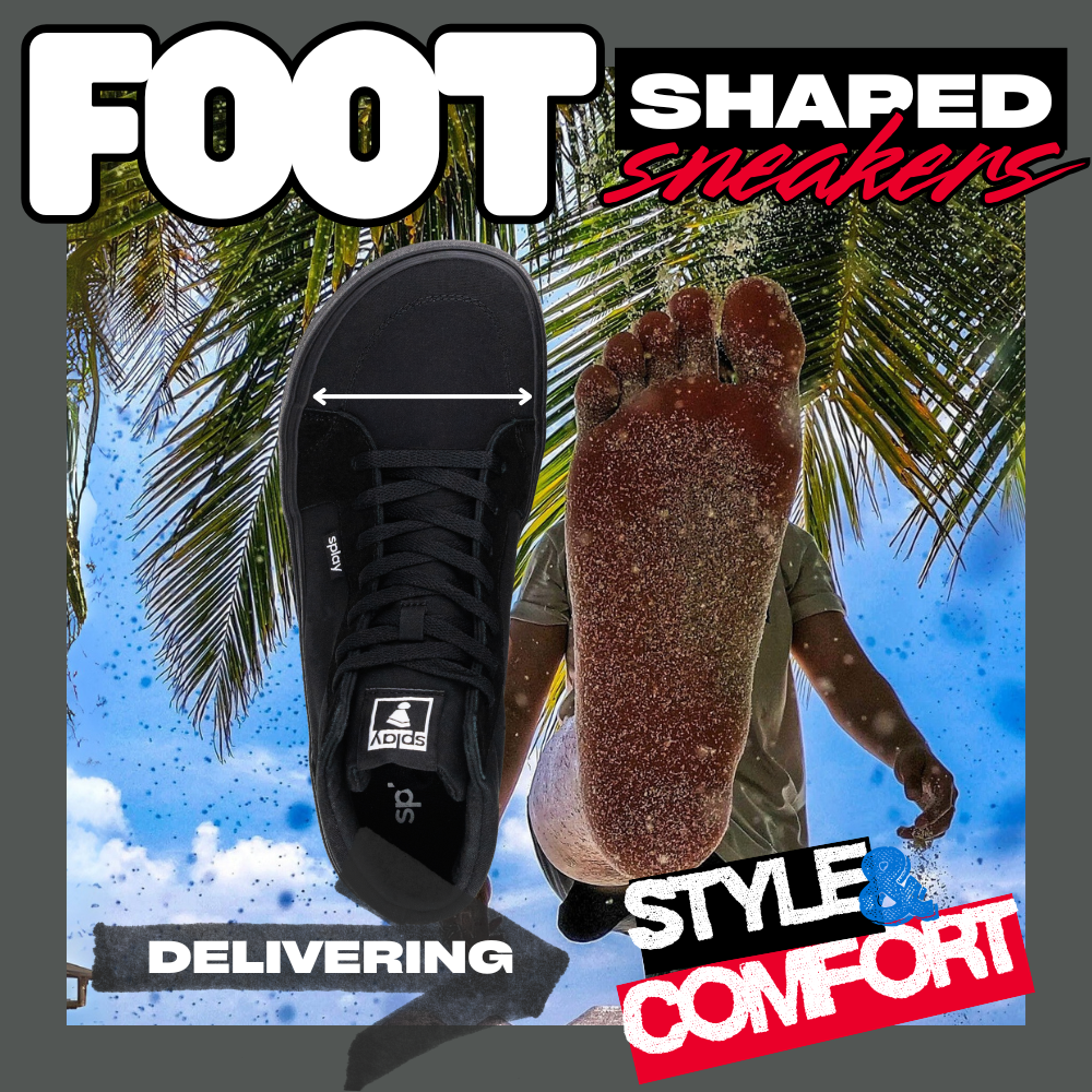 A mans foot is shown next to a Splay REV HT showcasing the foot shaped design of barefoot shoes at Splay