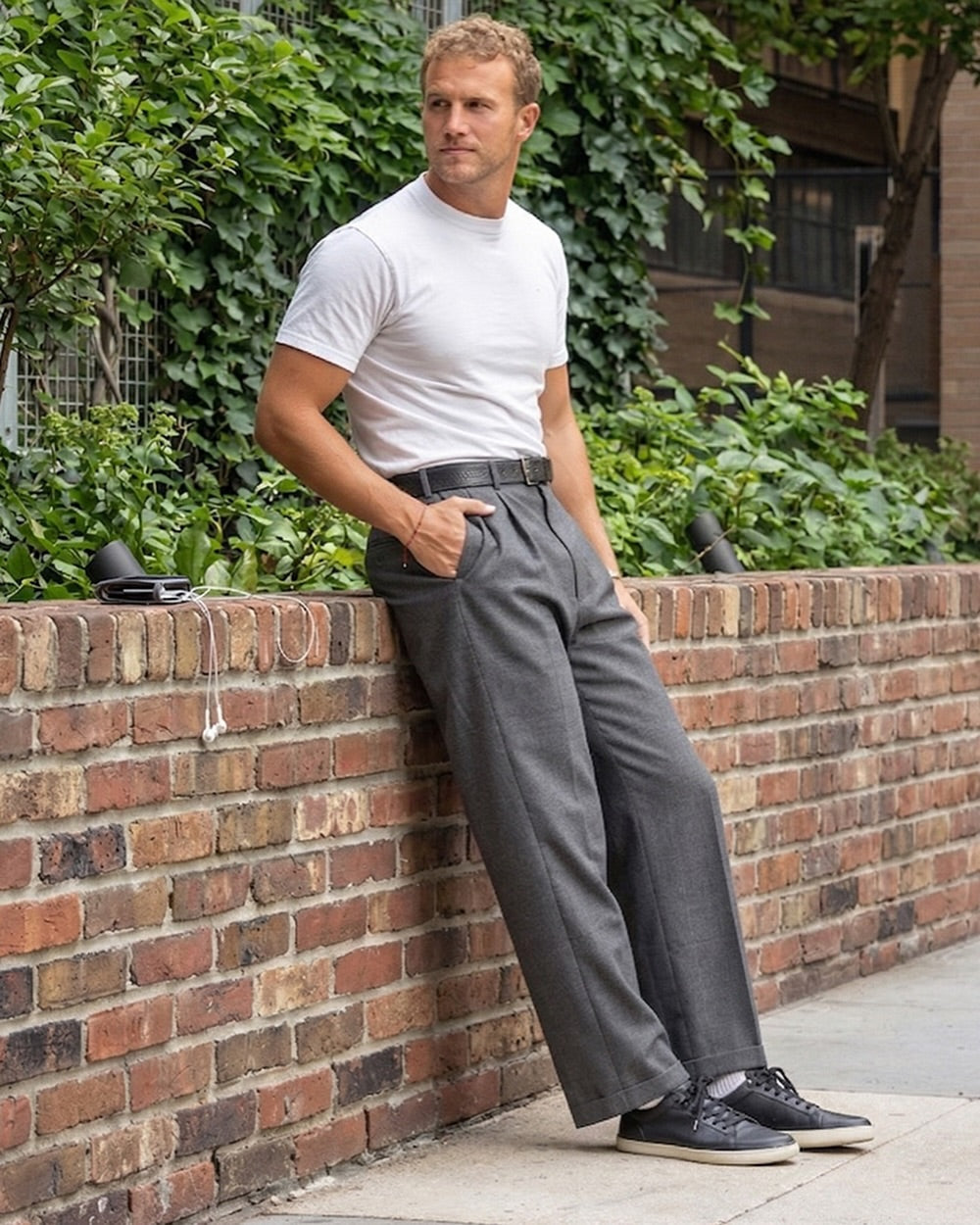 Dad wearing Splay FREESTYLE Leather barefoot shoes while standing outdoors in casual everyday wear.
