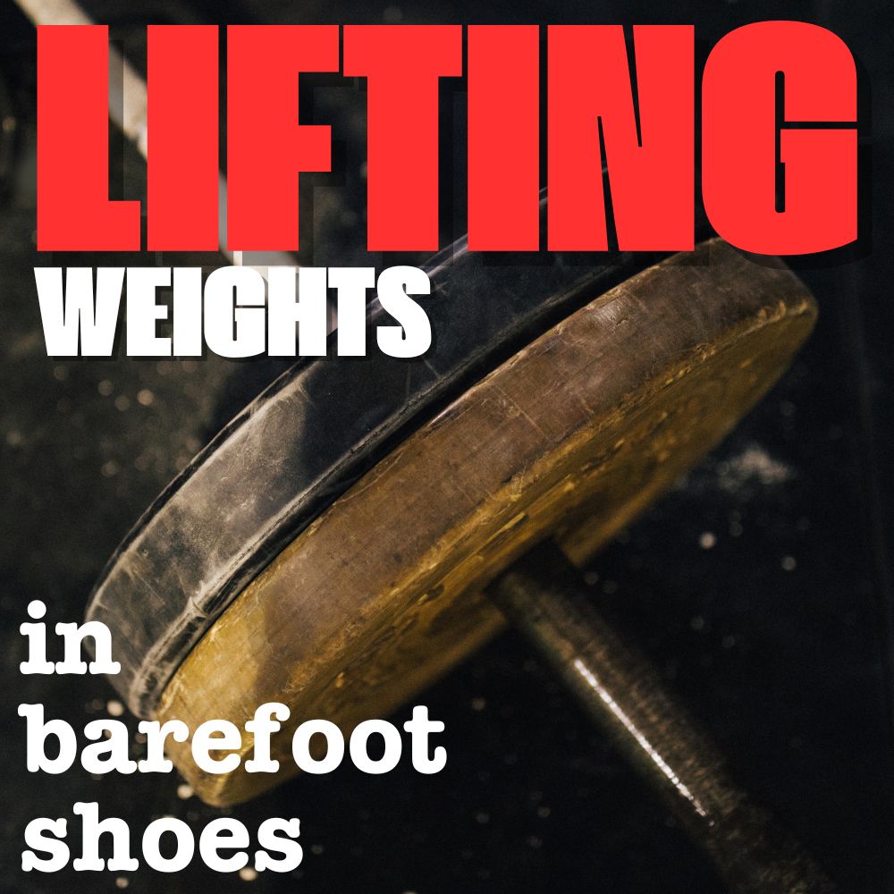 Close-up of a weightlifting bar with plates, emphasizing lifting in barefoot shoes for better form.