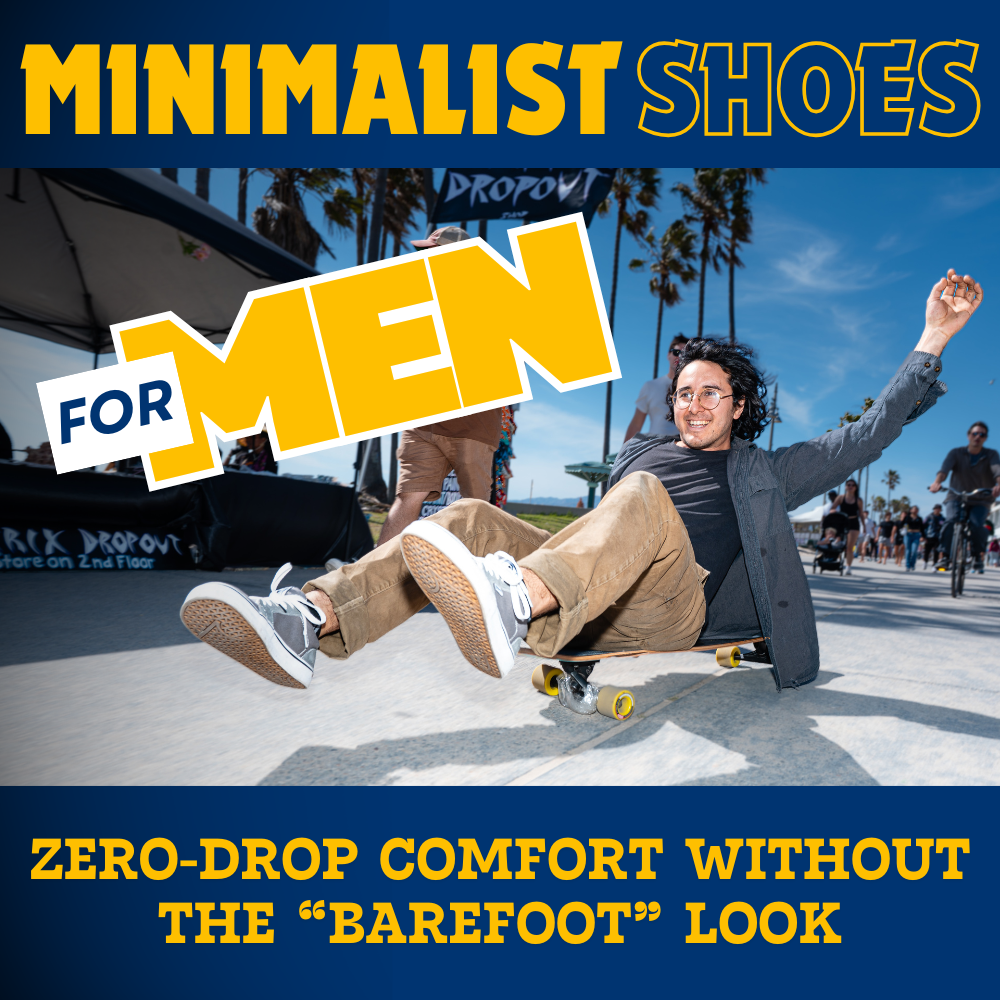 A man sitting on a skateboard and riding it down a sidewalk while wearing REV LT London barefoot shoes
