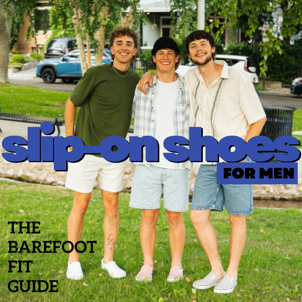 Three men standing on grass in a park wearing Splay STREETSTYLE Slip-On barefoot shoes