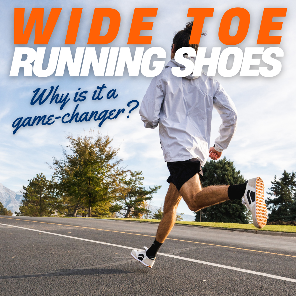 A man running on a road in a park wearing a pair of Splay RUNNER V1 barefoot running shoes