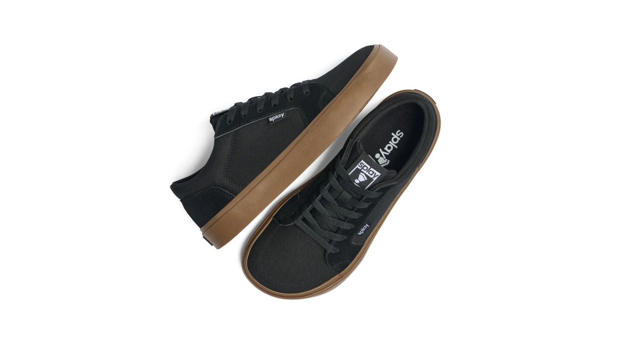 Splay REV LT men's skateboard sneakers, black upper with gum sole, designed for toe splay and wide feet.