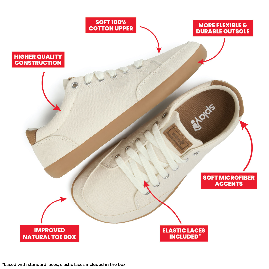 Light tan FREESTYLE 3 Almond sneakers with brown gumsoles, labeled features on a white background