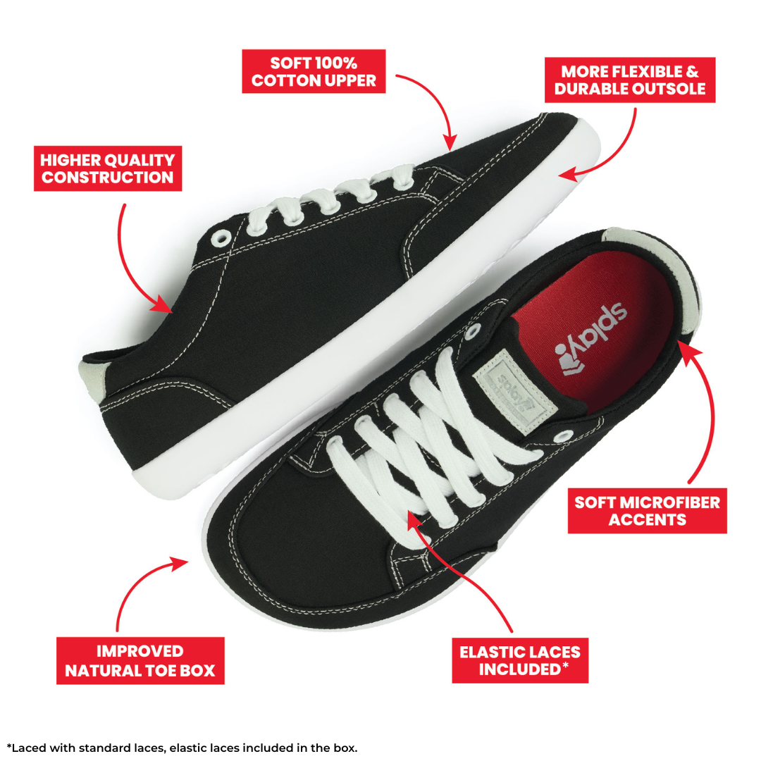 Top and Side view picture of the FREESTYLE 3 Coal, showing the labeled features of the Black sneaker with white laces on a white background.