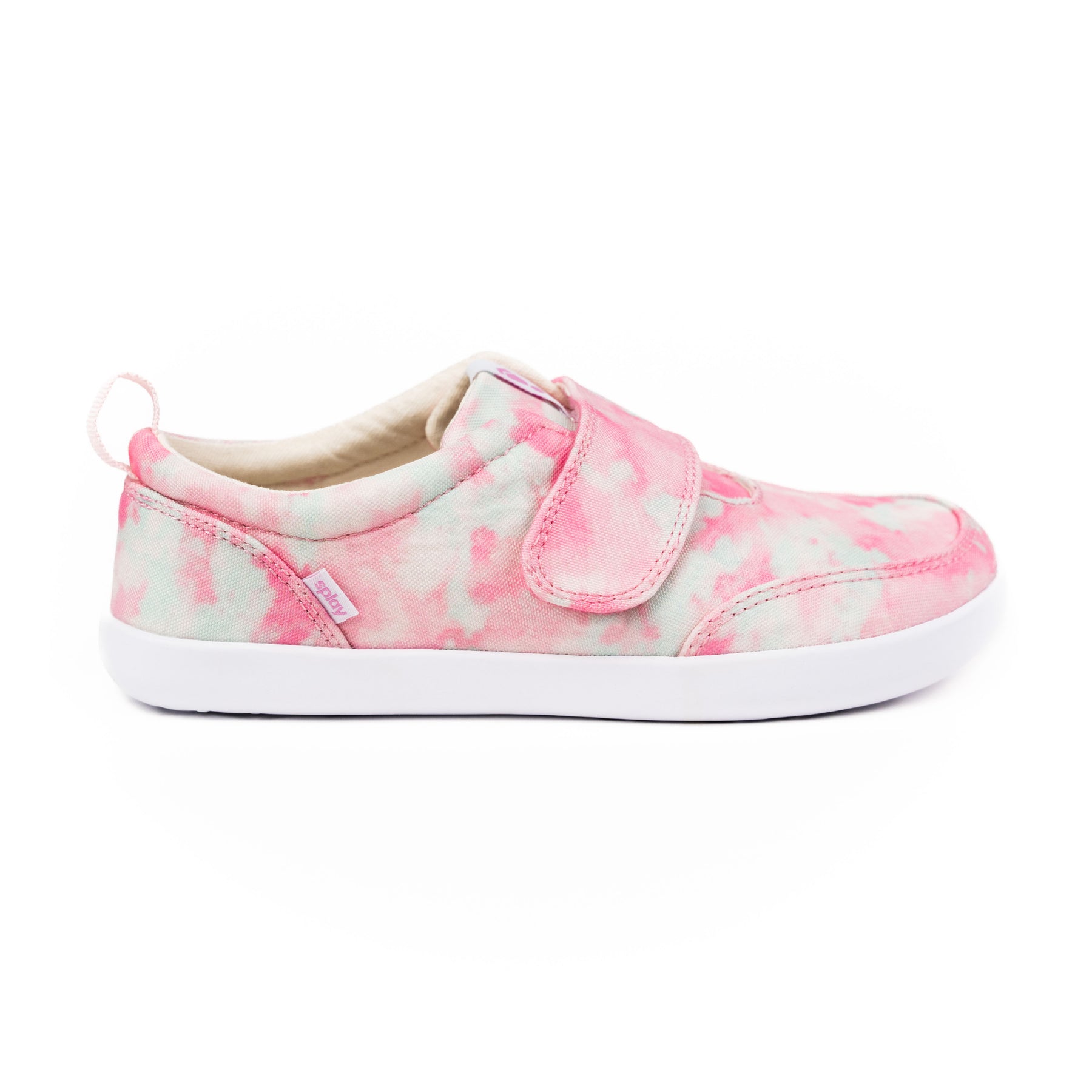Splay baby barefoot shoes in pink and green tie-dye pattern with Velcro strap and white sole.