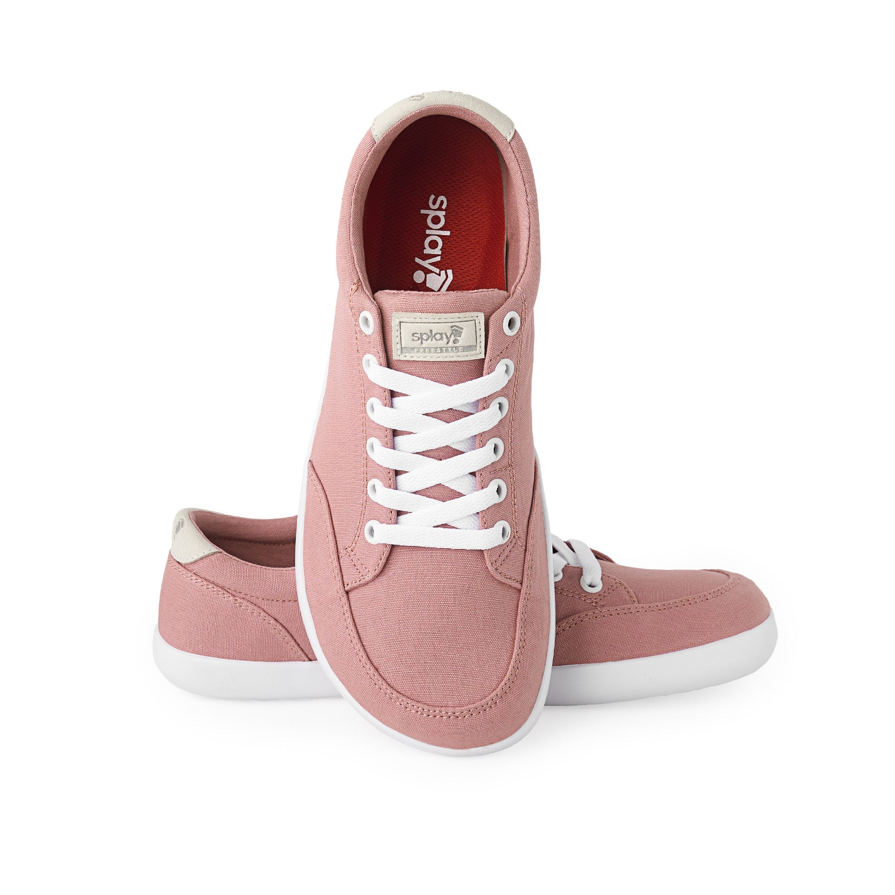 Pink lace-up sneakers with white laces and a white rubber sole, featuring the Splay logo on the tongue and a red insole.