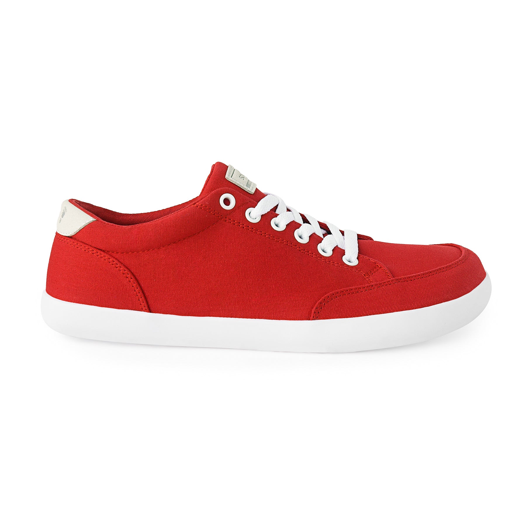 Splay Freestyle 2.0 Cardinal barefoot sneaker in bold red canvas with white laces and flexible zero-drop sole, designed for natural foot movement and all-day comfort.