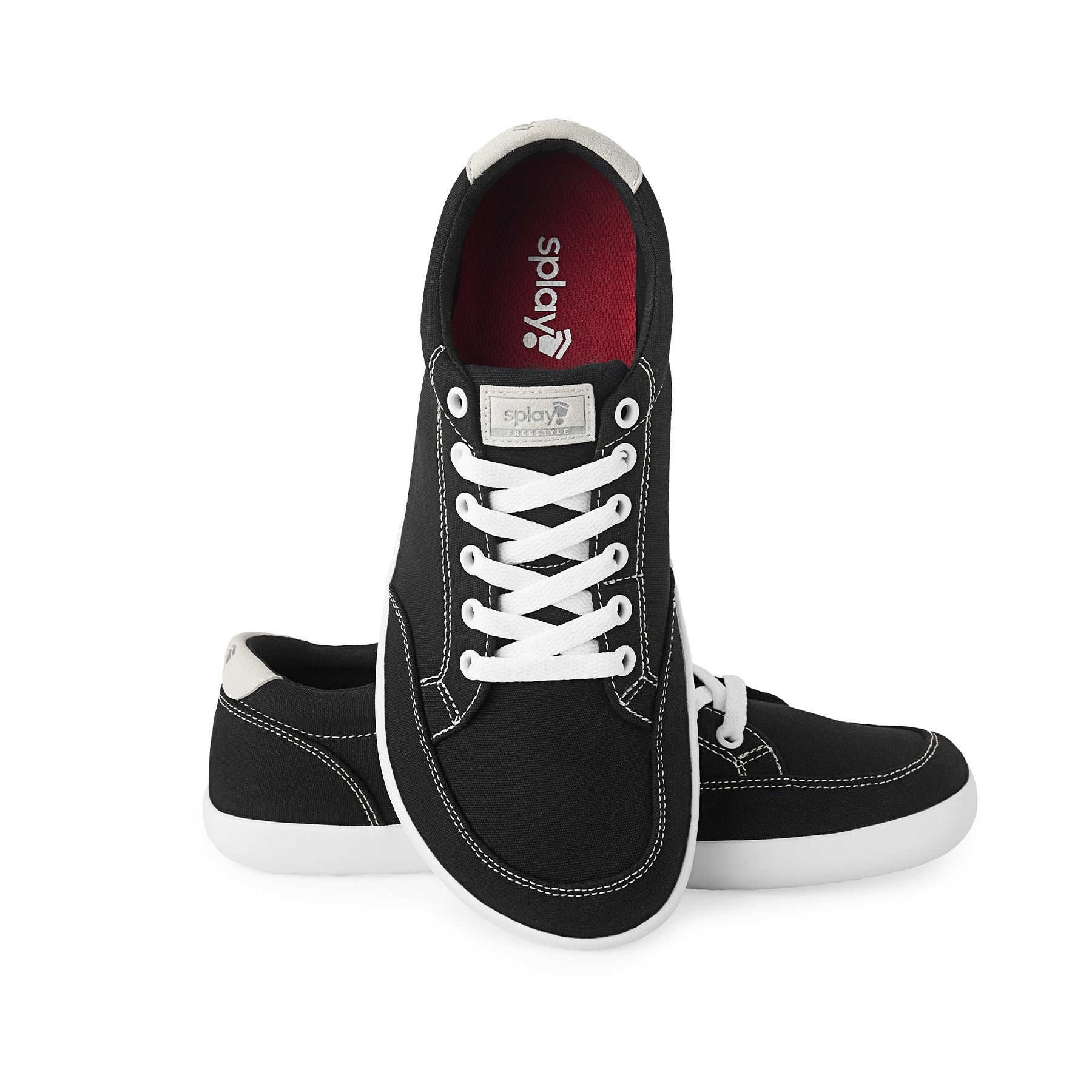Black lace-up sneakers with white laces and stitching, featuring a white rubber sole and Splay logo on the tongue.