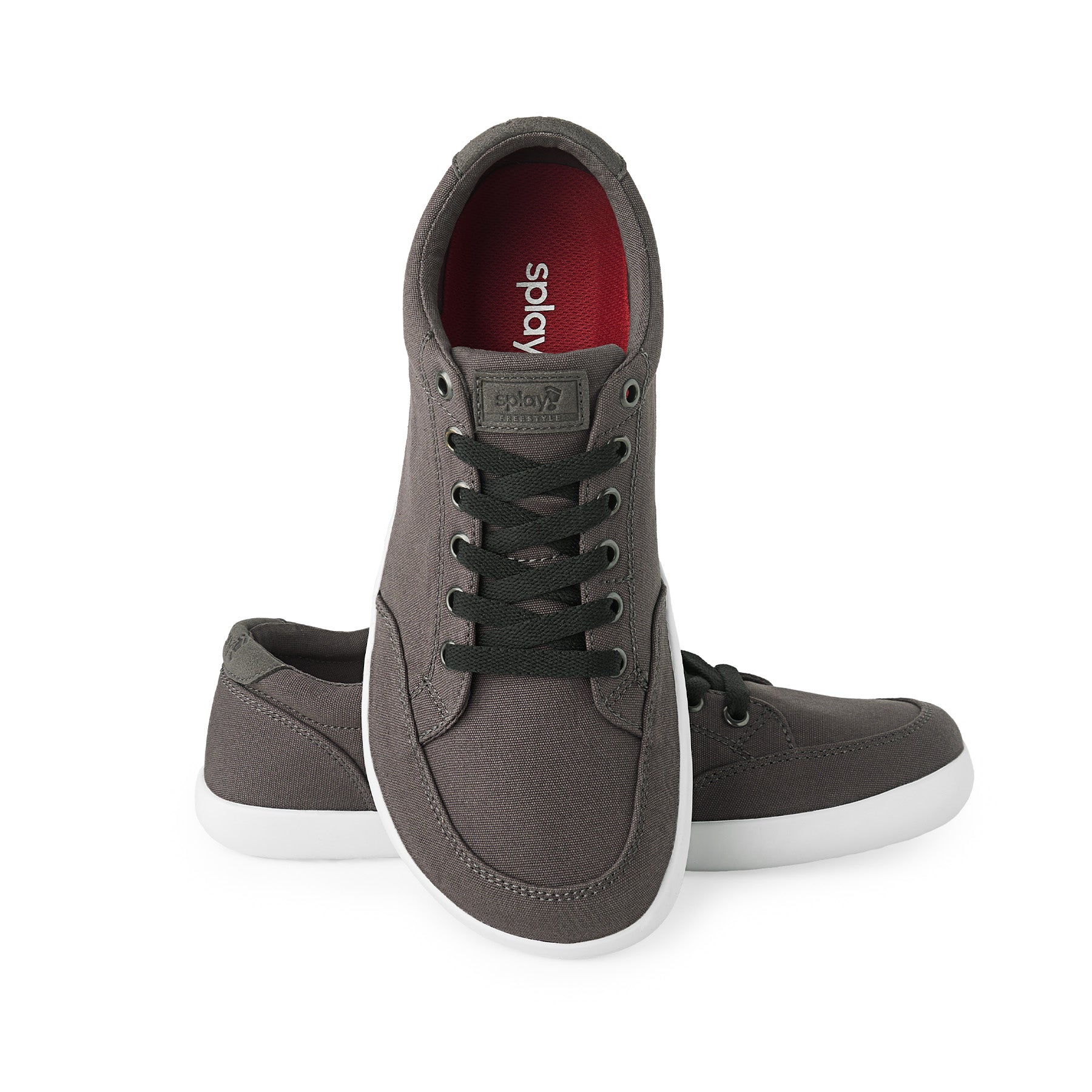 Dark gray lace-up sneakers with black laces and a white rubber sole, featuring the Splay logo on the tongue and a red insole.