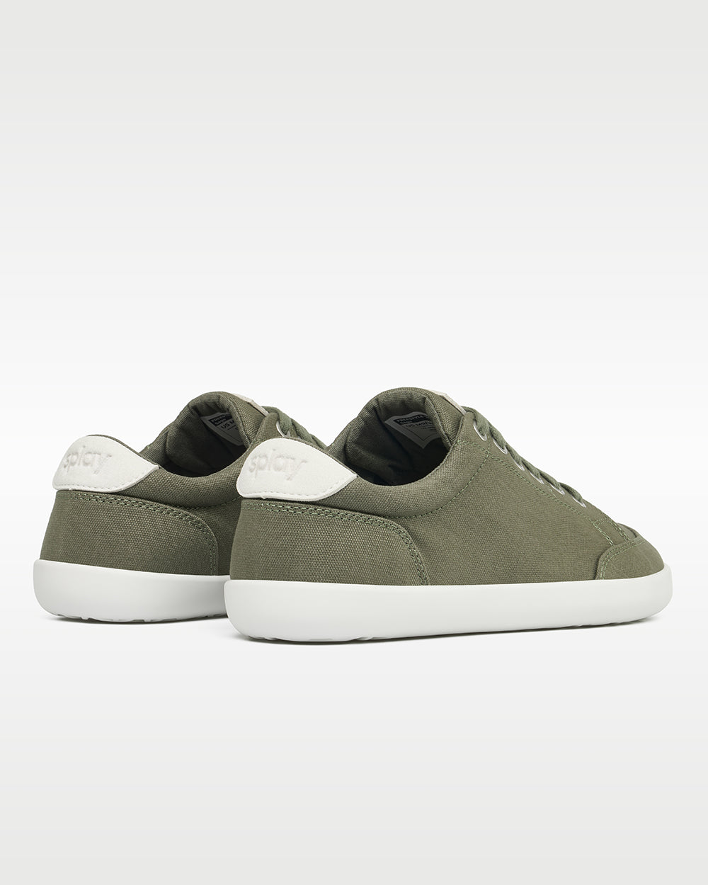 Splay Freestyle Sage barefoot shoes — minimal low-top lace-up sneaker, pair viewed from behind, heels toward the camera