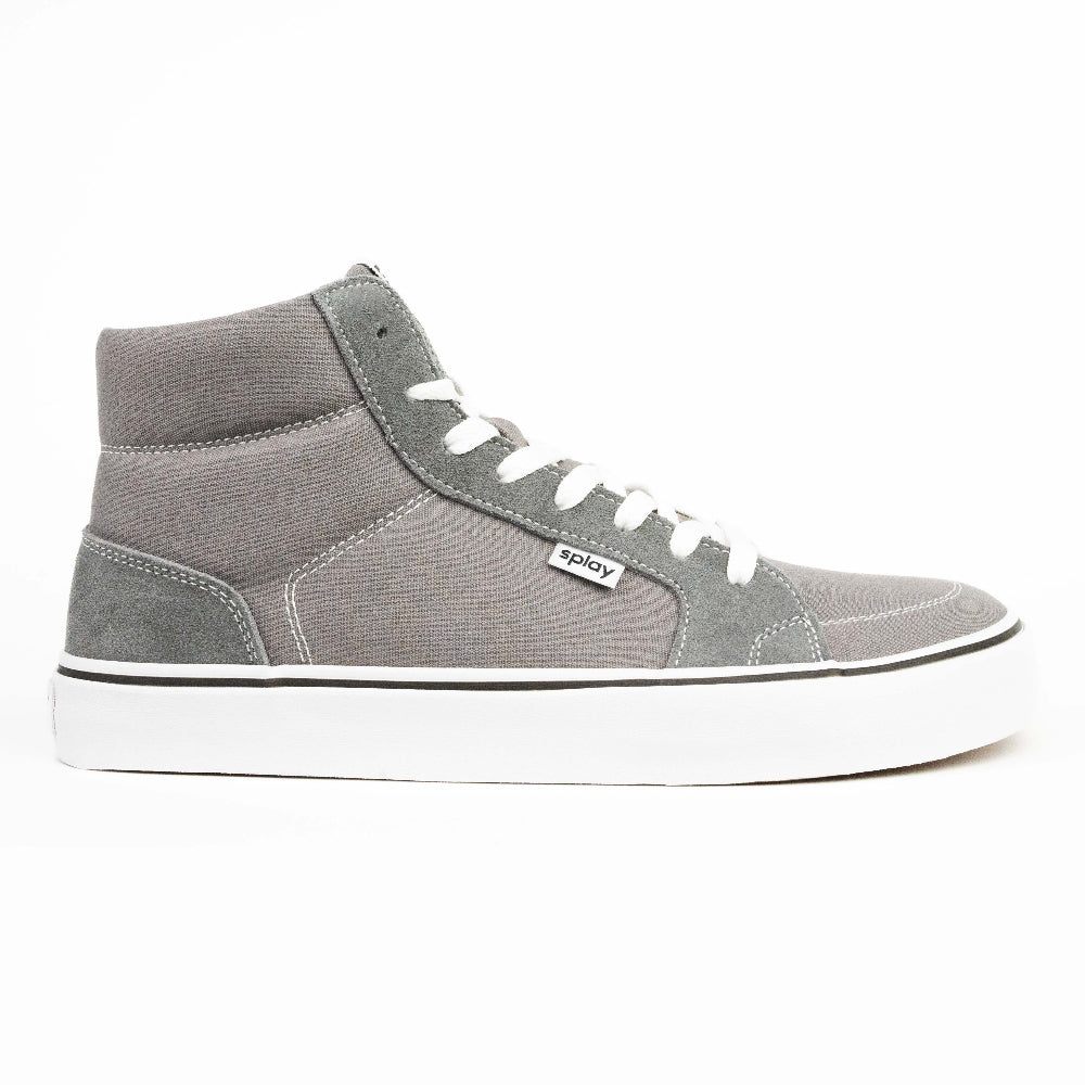 REV HT London high-top barefoot skate shoe in gray canvas and suede with white outsole and stitching.