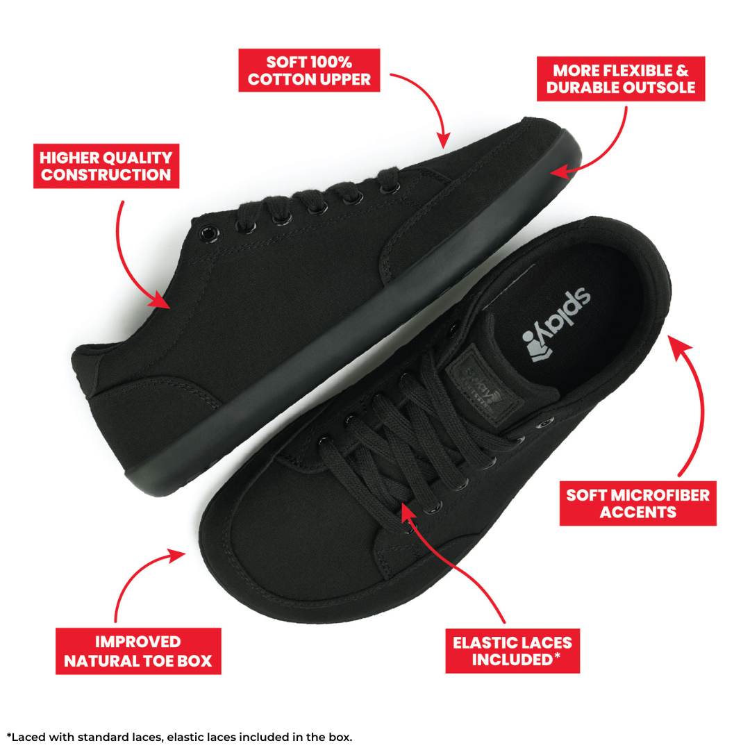 Top and Side view picture of the FREESTYLE 3 Jet, showing the labeled features of the Black sneaker with black laces and black outsole on a white background.