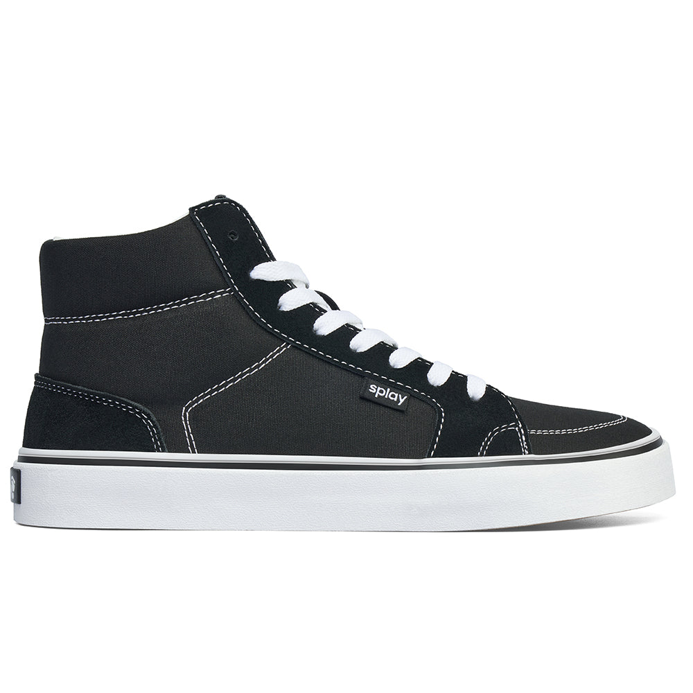 Splay REV HT Los Angeles black high-top barefoot sneaker with white stitching, zero-drop sole, and wide toe box for natural foot alignment.