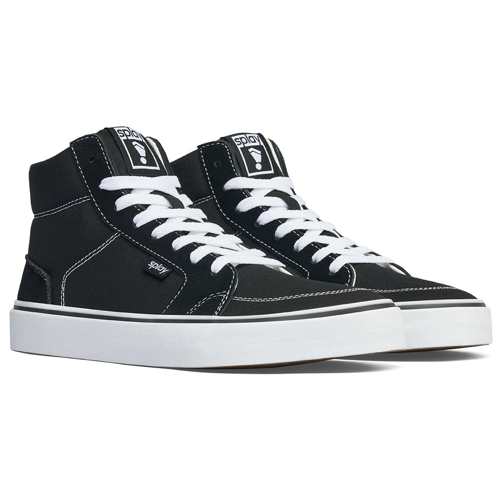 Pair of black high-top zero drop shoes from Splay with white laces, contrast stitching, and a flat sole.