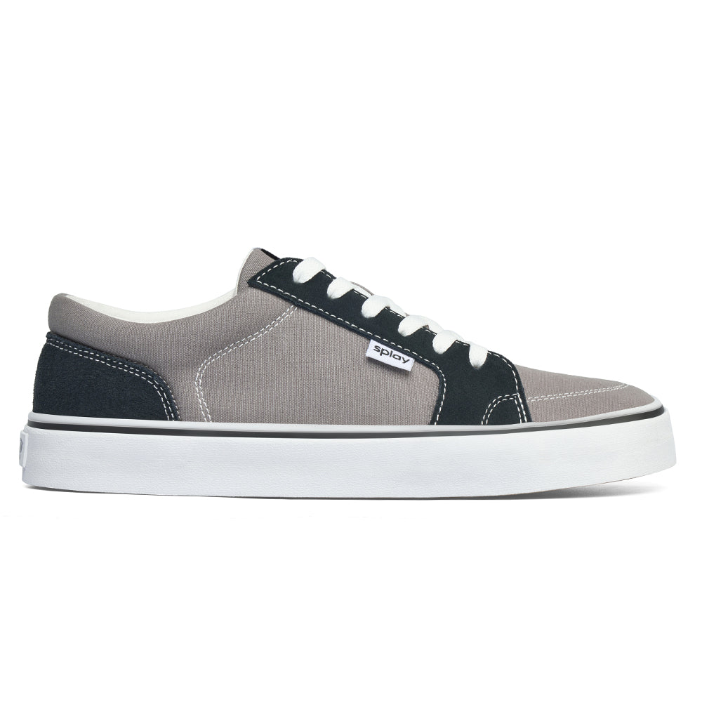 Splay REV LT Tokyo low-top barefoot sneaker in grey and black with wide toe box, flexible zero-drop sole, and minimalist design for natural movement.