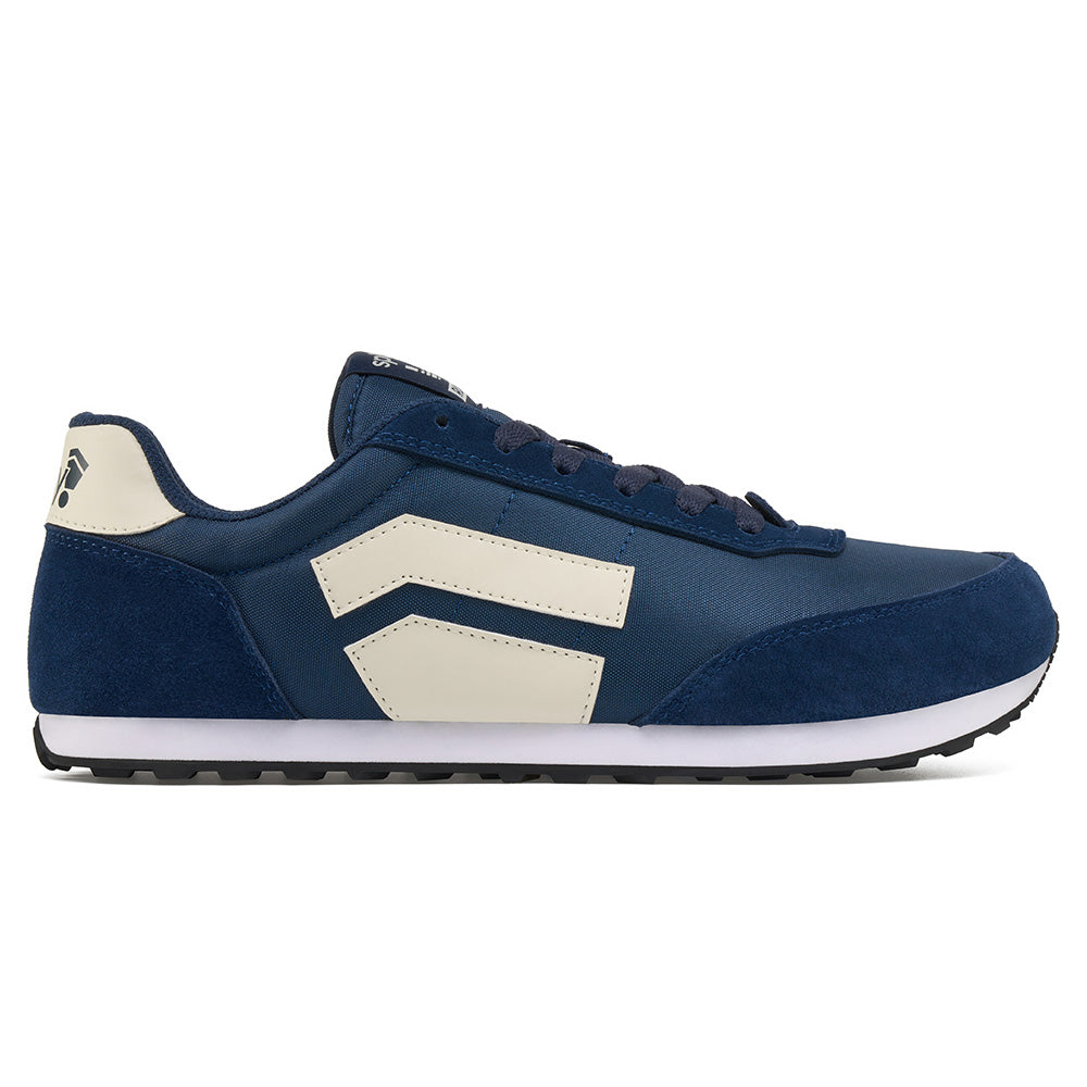 Splay RUNNER V1 Classic Navy barefoot running shoe with retro-inspired design, wide toe box, flexible zero-drop sole, and cream side stripe on navy upper.