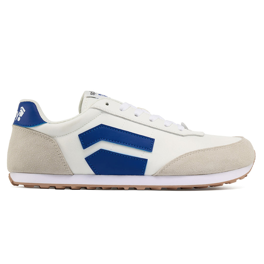 Splay Shoes' white and blue Runner V1, featuring a sleek design with suede accents and a durable sole.