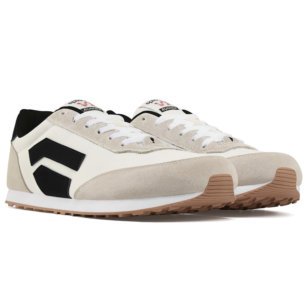 Pair of neutral-toned running shoes with suede and leather panels, designed for comfort and performance.