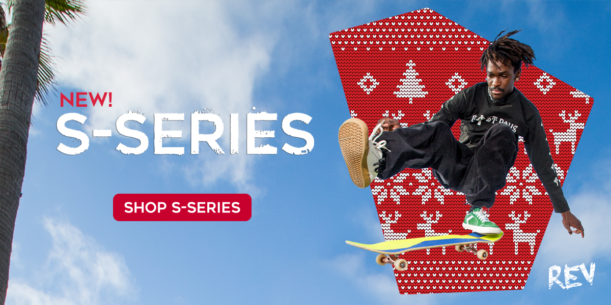 Skater doing a trick in the new REV S-Series Performance Barefoot Skate Shoe