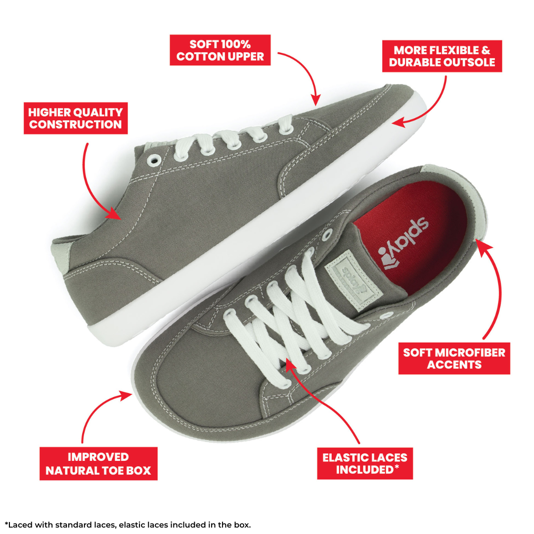 Top and Side view picture of the FREESTYLE 3 Stone, showing the labeled features of the grey sneaker with white laces and white outsole on a white background.