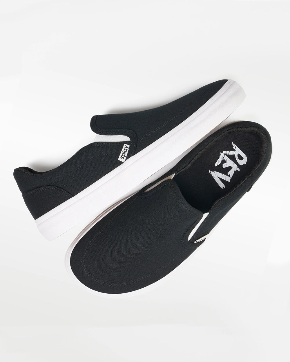 Pair of Splay REV SO Berlin black barefoot shoes, angled top view