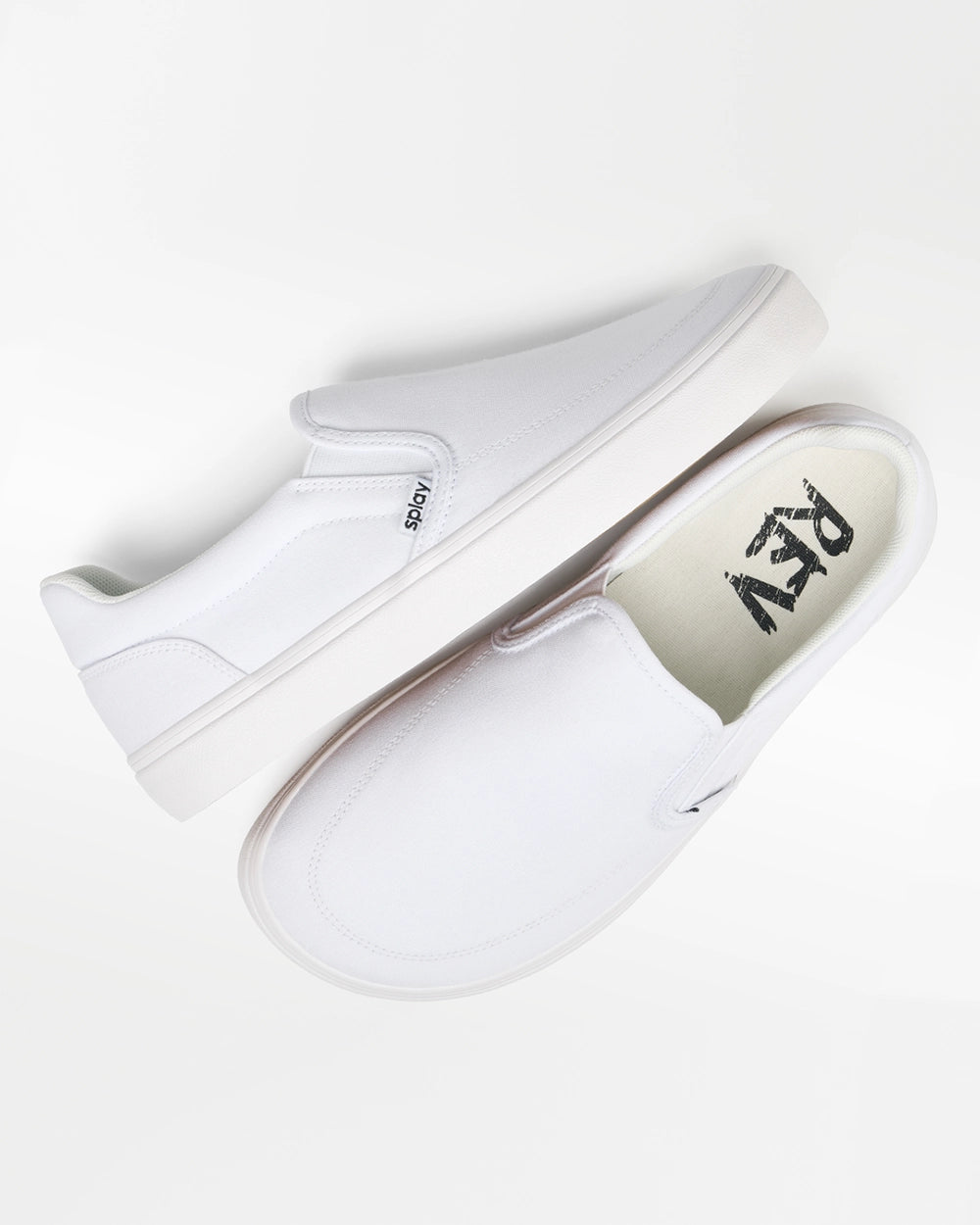 Pair of Splay REV SO Malibu white barefoot shoes, angled top view