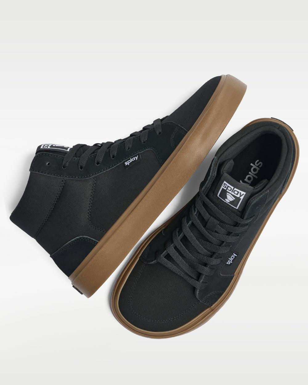 Splay REV HT Original Amsterdam barefoot shoes — high-top skate shoe, pair shot from above, one shoe tipped up to show the insole