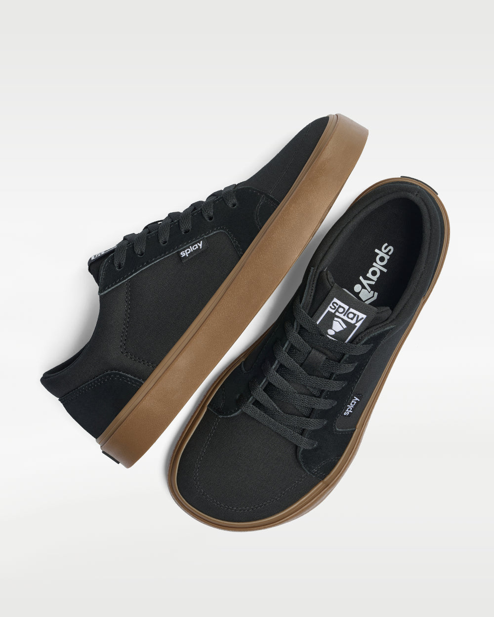 Splay REV LT Original Amsterdam barefoot shoes — low-top skate shoe, pair shot from above, one shoe tipped up to show the insole