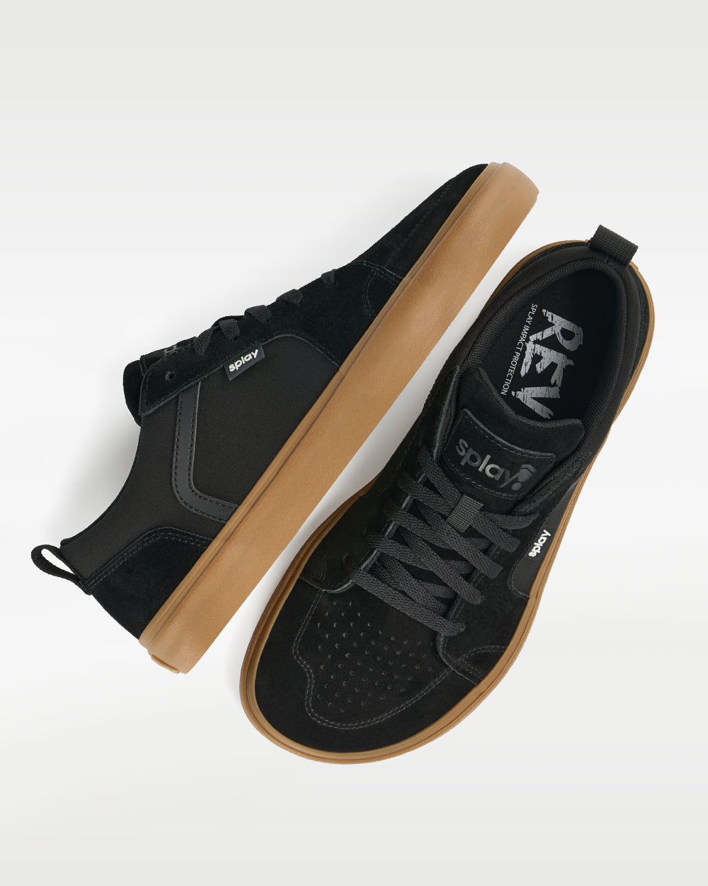 Splay REV LTS Amsterdam barefoot shoes — low-top suede skate shoe, pair shot from above, one shoe tipped up to show the insole