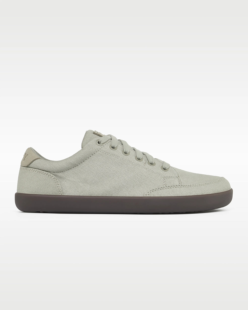 Side profile of the Splay FREESTYLE Ash '26 light gray canvas barefoot sneaker with a dark gray outsole.