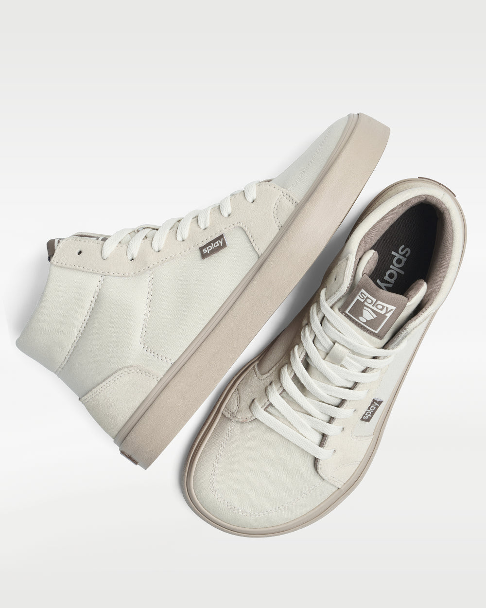 Splay REV HT Original Barcelona barefoot shoes — high-top skate shoe, pair shot from above, one shoe tipped up to show the insole
