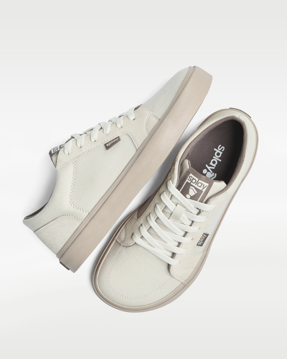 Splay REV LT Original Barcelona barefoot shoes — low-top skate shoe, pair shot from above, one shoe tipped up to show the insole