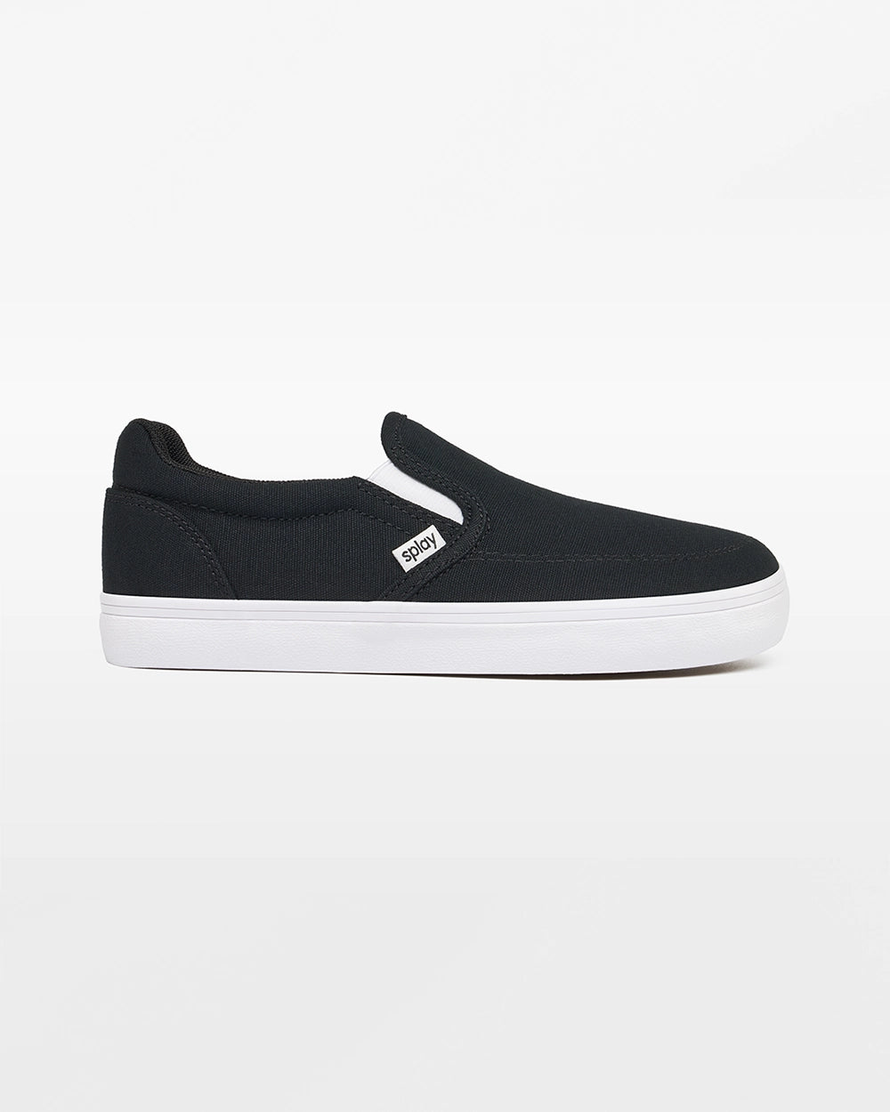Side view of a black Splay Kids REV SO Berlin canvas barefoot slip-on shoe with a white sole.