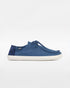 Splay Kids Weekender Blue Lagoon hemp barefoot shoes — kids' hemp moc-toe shoe with laces, single shoe in left-side profile