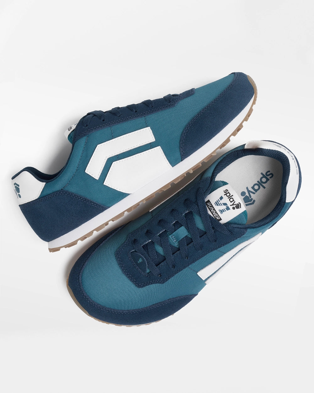Pair of Splay RUNNER V1 Bleacher Blue ’26 barefoot running shoes, angled top view