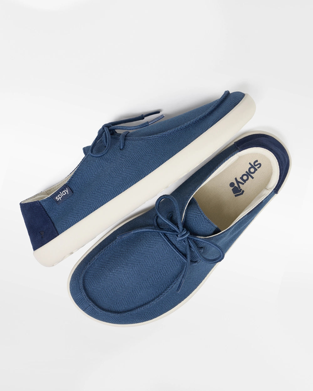 Pair of Splay WEEKENDER Blue Lagoon hemp barefoot shoes, top view