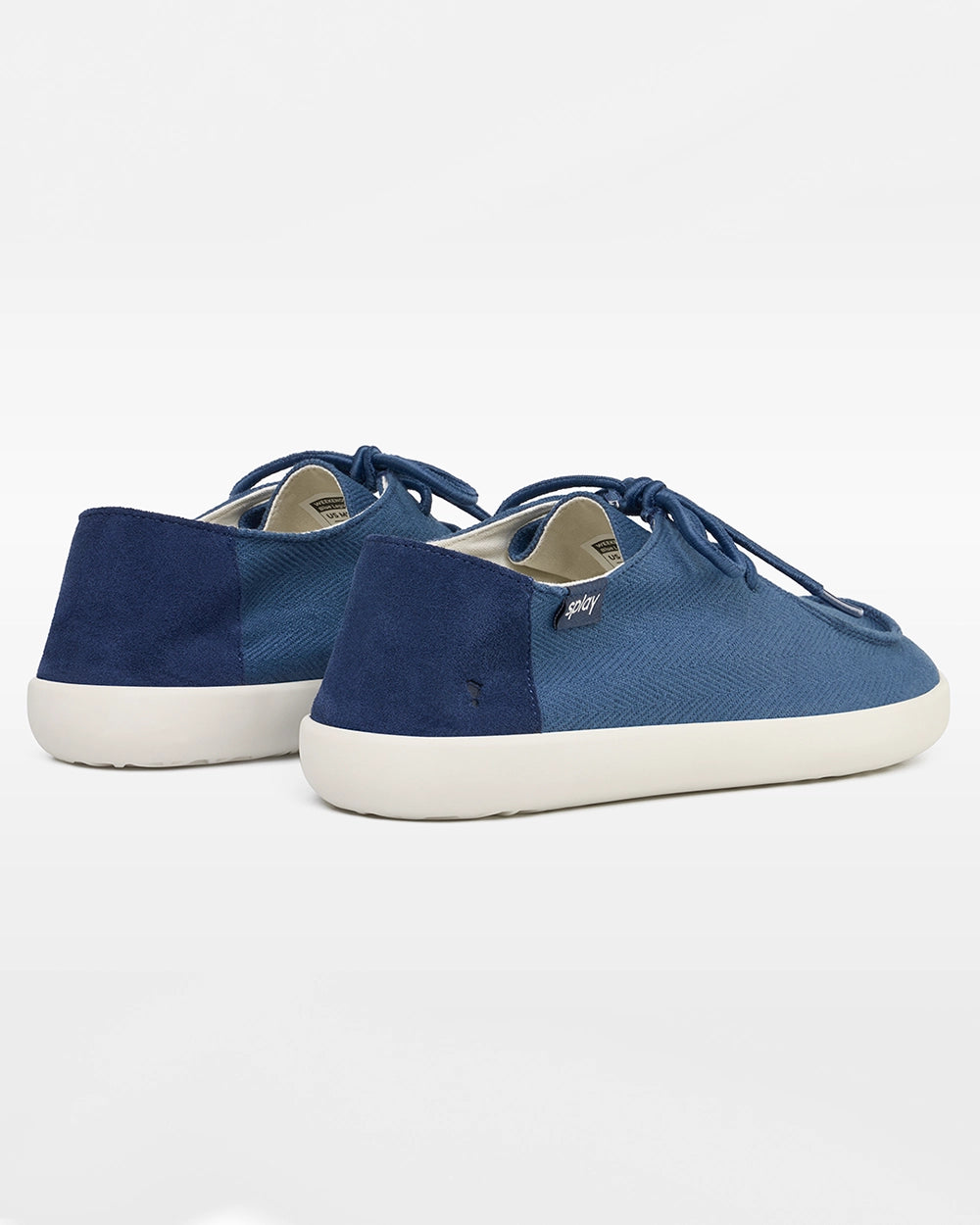Splay WEEKENDER Blue Lagoon hemp barefoot shoes, rear three-quarter view