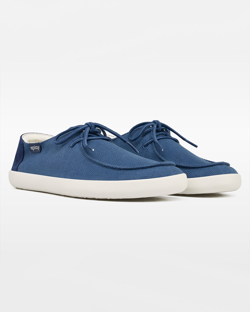 Splay Weekender Blue Lagoon hemp barefoot shoes — hemp moc-toe shoe with laces, pair viewed from behind, heels toward the camera