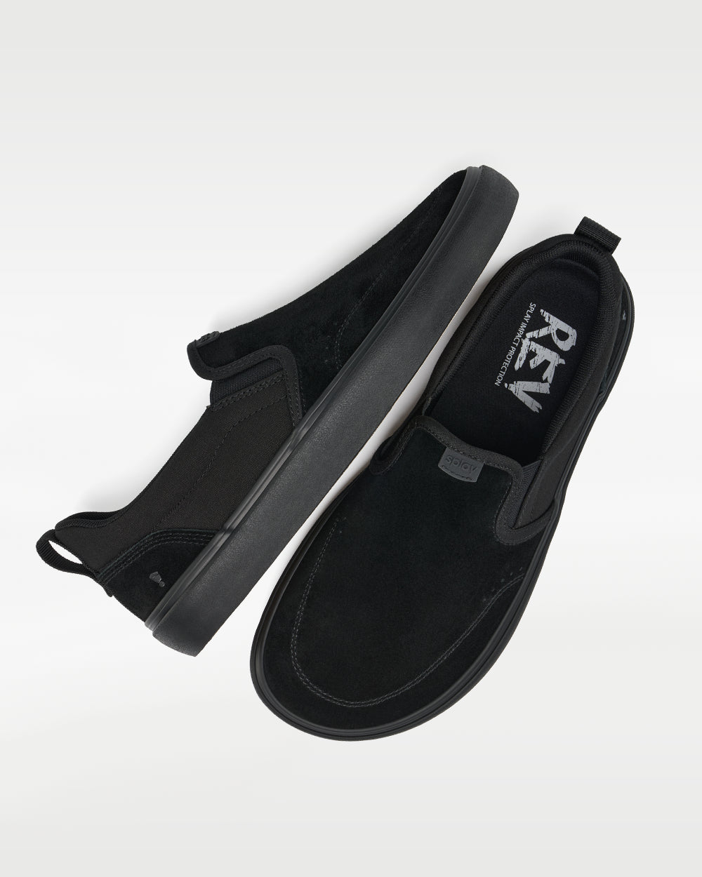 Splay REV SOS Carlsbad barefoot shoes — suede slip-on, pair shot from above, one shoe tipped up to show the insole