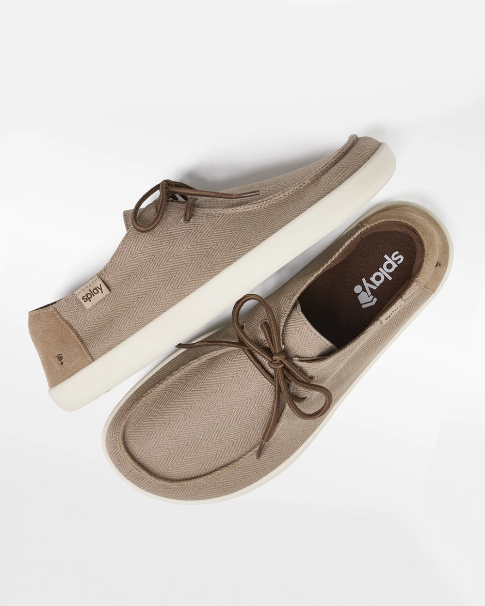 Pair of Splay WEEKENDER Driftwood hemp barefoot shoes, top view