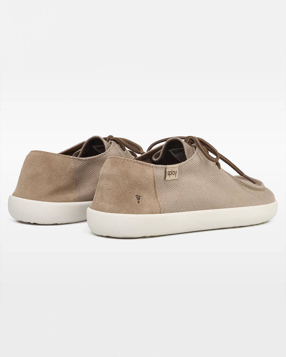 Splay Weekender Driftwood hemp barefoot shoes — hemp moc-toe shoe with laces, pair viewed from behind, heels toward the camera