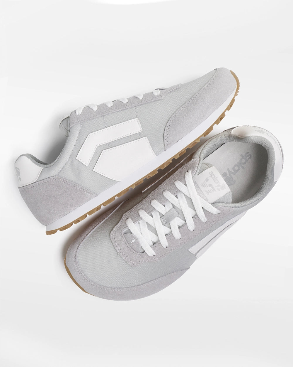 Pair of Splay RUNNER V1 Relay Grey ’26 barefoot running shoes, angled top view