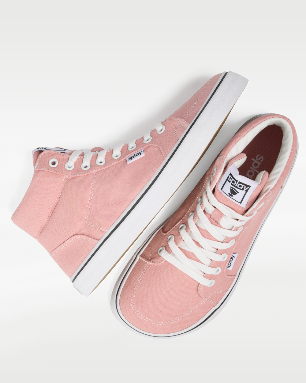 Splay REV HT Canvas Havana barefoot shoes — high-top skate shoe, pair shot from above, one shoe tipped up to show the insole