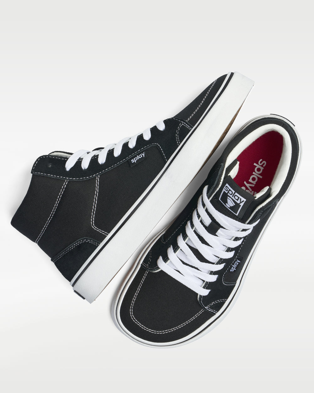Splay REV HT Original Los Angeles barefoot shoes — high-top skate shoe, pair shot from above, one shoe tipped up to show the insole