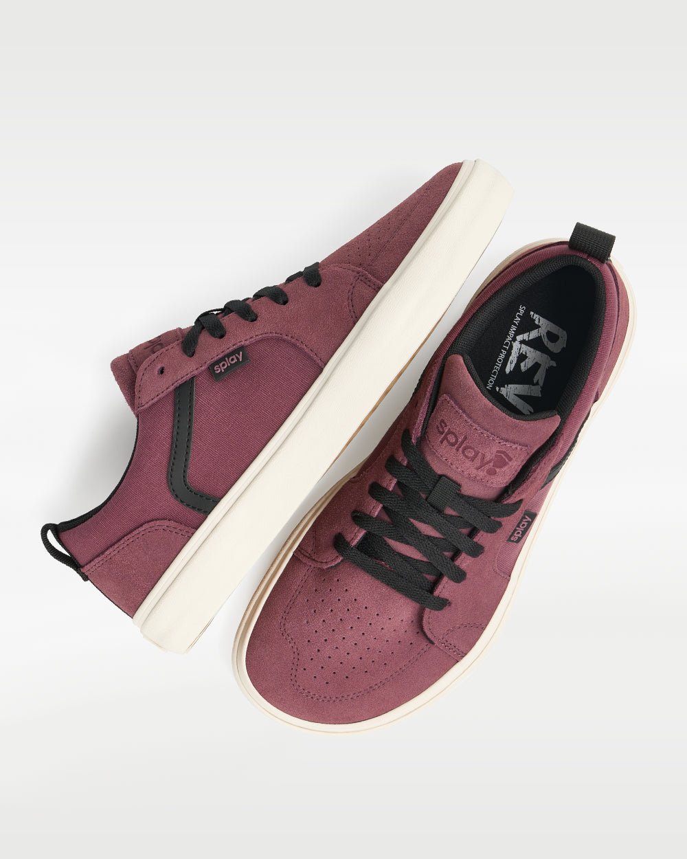 Splay REV LTS Madrid barefoot shoes — low-top suede skate shoe, pair shot from above, one shoe tipped up to show the insole
