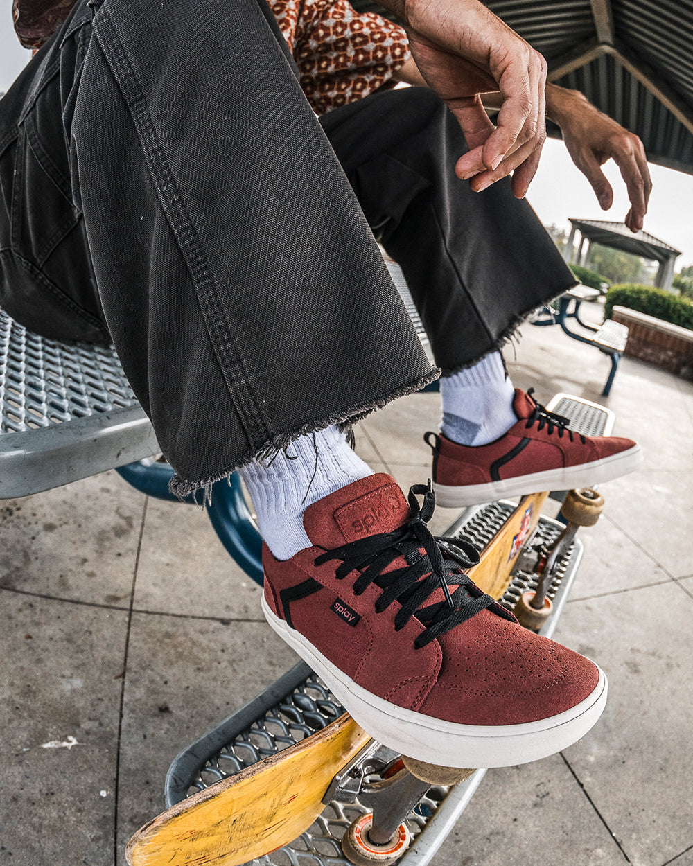 Splay REV LTS Madrid barefoot shoes — low-top suede skate shoe, lifestyle photo, the shoes shown in use outdoors